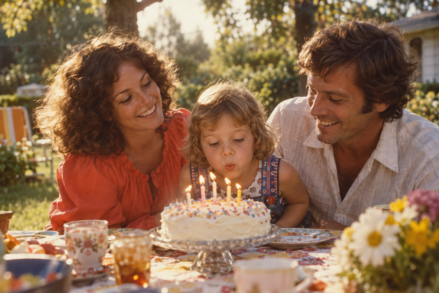 Illustrative family birthday photograph: a child blowing out candles with their parents